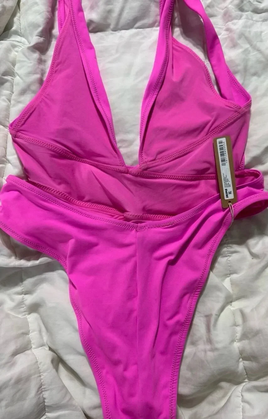 Recycled swim cut out plunge Monokini Neon Orchid